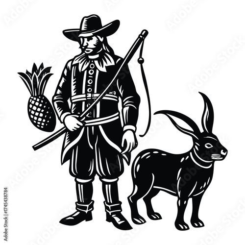Hunter with Pineapple and Rabbit Silhouette Graphic Illustration Vector on White Background