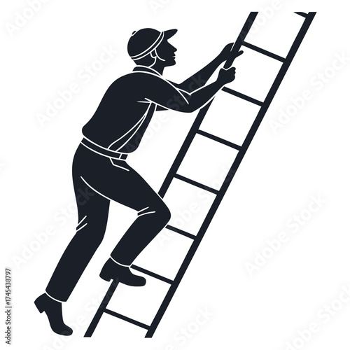 Silhouette of a construction worker wearing a cap climbing up a ladder on a white background