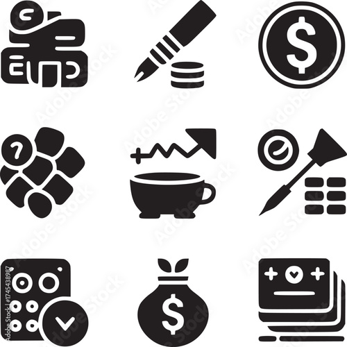 A collection of nine black and white business and finance icons displayed in a square grid format