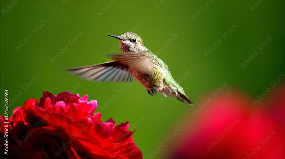 Obraz premium hummingbird. A hummingbird hovers near a red flower, its wings moving fast against a green background. wildlife magazines, conservation campaigns, designed for nature documentaries and education. 