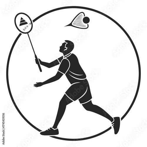 Silhouette of a male badminton player in action hitting a shuttlecock within a circular frame
