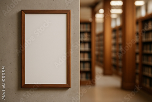 Blank vertical poster mockup with a warm walnut wood frame on a smooth concrete wall in a modern university library.