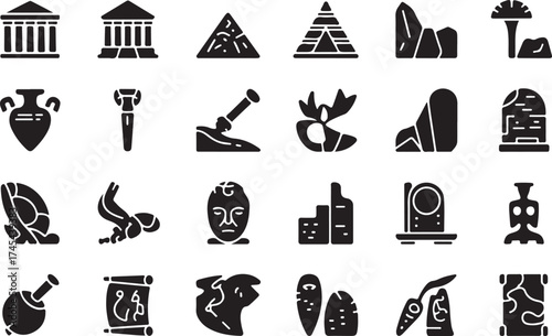 A collection of ancient history and archeology themed black icon illustrations