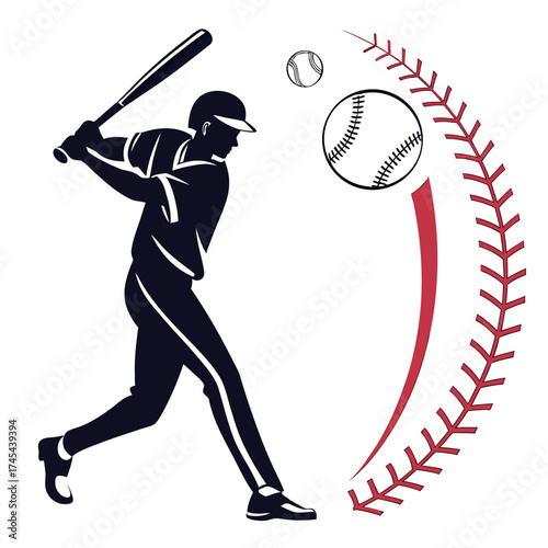 Silhouette of a baseball player swinging a bat at a baseball with stitching and a red curve element