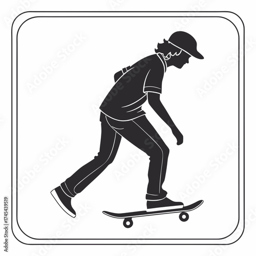 Silhouette of a young person wearing a cap and casual clothing riding a skateboard in motion