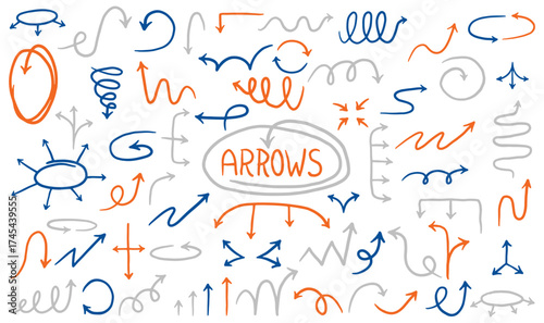 Set of hand drawn doodle curved, spiral, straight, and wavy arrows for infographics, presentations, notes, creative design, highlighting elements and creating visual flow in diagrams