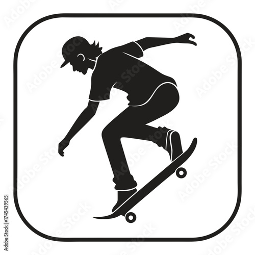 Silhouette of a skateboarder performing a trick in a rounded square frame representing urban sports and youth culture