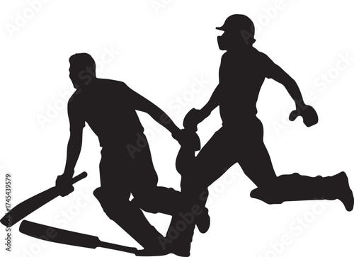 Silhouette of a cricket player swinging a bat and ball.
A black silhouette of a cricket batsman in mid-swing, captured against a white background. The player is wearing protective gear.
