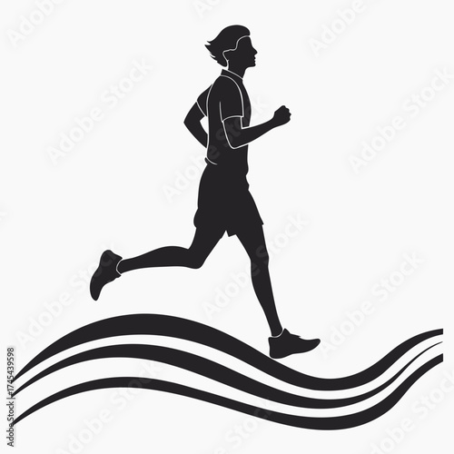 Silhouette of a male runner in motion against a white background with abstract wavy lines below