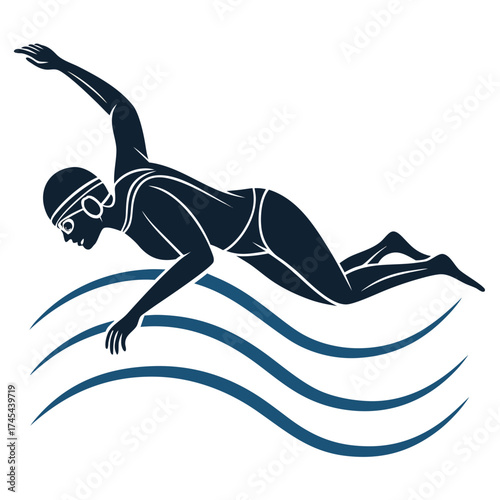 Stylized silhouette of a female swimmer performing the freestyle stroke through blue waves