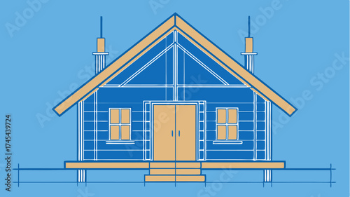 A blueprint of a traditional wooden cabin featuring labeled sections for roof trusses wall insulation and porch details.