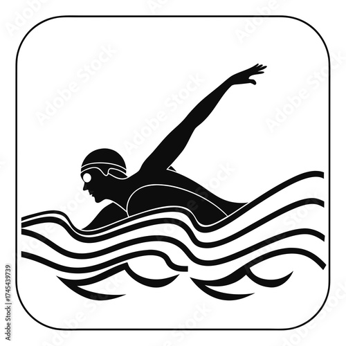 Stylized black silhouette of a swimmer performing the freestyle stroke in wavy water
