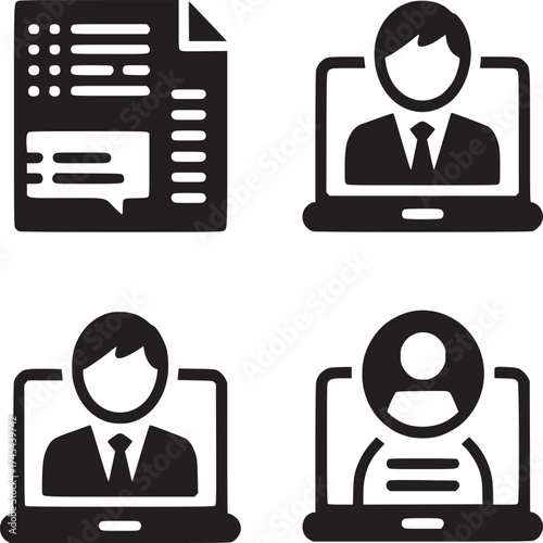 Black icons showing document with text and three people on laptop screens in a square arrangement