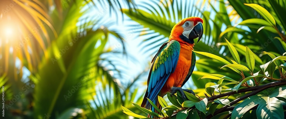 Obraz premium Vibrant macaw perched on lush tropical foliage, sunlit scene, wildlife, nature