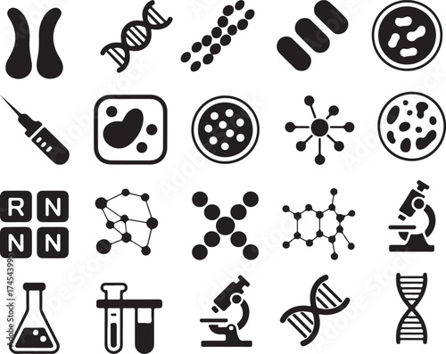 Black and white science and biology icons illustrating microscopic elements and laboratory tools