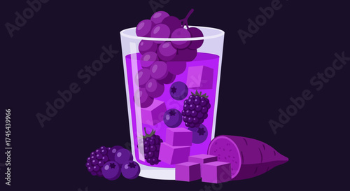 A refreshing purple beverage filled with ice cubes, grapes, blueberries, and blackberries, garnished with a sweet potato.