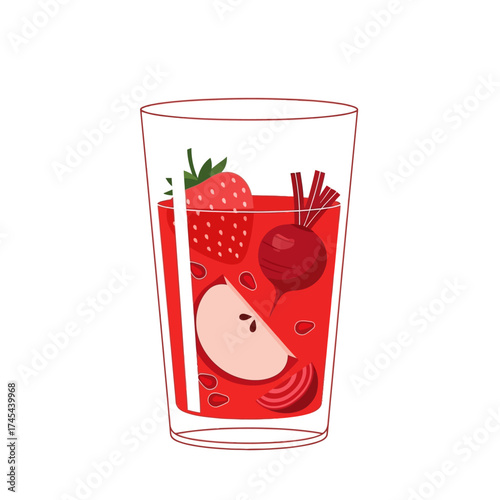 Illustration of a refreshing red fruit and vegetable drink in a clear glass, featuring strawberry, apple, and beetroot.