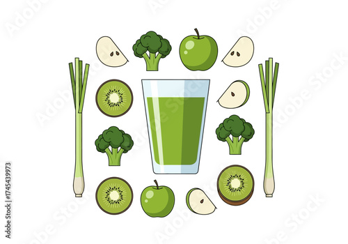 Illustration of a glass of green juice surrounded by fruits and vegetables.
