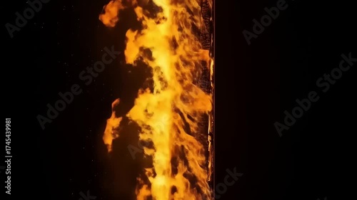 Vertical Wall of Intense Fire Burning Against a Black Background.