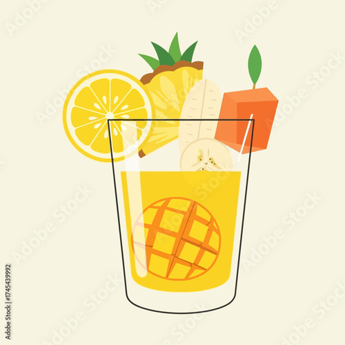 A refreshing glass of tropical fruit juice with pineapple, banana, mango, and orange slices.