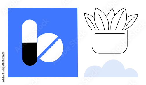 Capsule and tablet on a blue square, potted plant outline, and cloud element. Ideal for healthcare, nature, wellness, sustainability, balance medicine holistic approach. Clean simple flat metaphor
