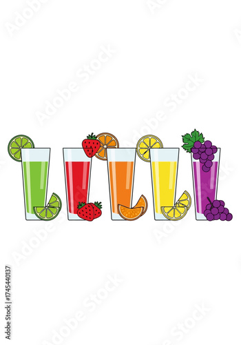 Five glasses of different fruit juices with fruit slices and whole fruits, colorful and refreshing.