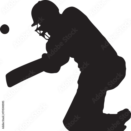 Silhouette of a cricket player swinging a bat and ball.
A black silhouette of a cricket batsman in mid-swing, captured against a white background. The player is wearing protective gear.
