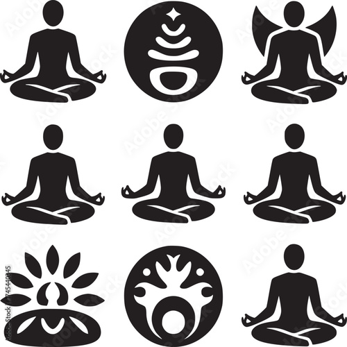 Collection of black yoga silhouette icons in various poses on a white background illustration art