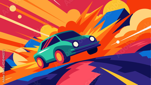 A dynamic action scene illustrated with bold brushstrokes depicting a car chase with vibrant colors and exaggerated motion evoking excitement.