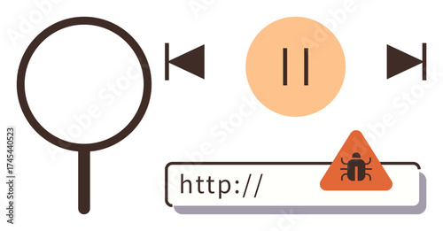 Magnifying glass, web address bar with malware alert, playback controls. Ideal for cybersecurity, risk, data protection, internet safety, online navigation, antivirus threat prevention themes