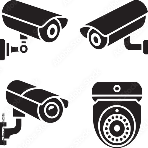 Four black security cameras in different styles and angles on a white background surveillance system