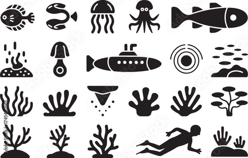 Black and white underwater world icon collection featuring marine life and scuba diver