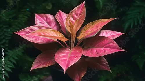 Vibrant Pink and Red Aglaonema Plant in a Lush Garden.