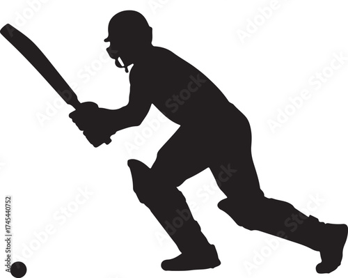 Silhouette of a cricket player swinging a bat and ball.
A black silhouette of a cricket batsman in mid-swing, captured against a white background. The player is wearing protective gear.
