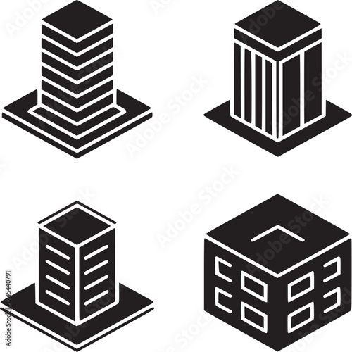 Isometric black and white illustration of four different building structures on a white background