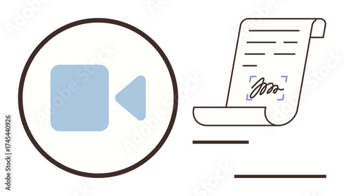 Blue video camera icon alongside signed contract in minimal line art. Ideal for virtual communication, legal process, remote work, digital agreement, online collaboration, technology, simple flat