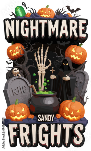 Nightmare Frights Spooky Halloween scene with pumpkins grim reaper cauldron and graves