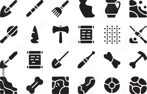 Collection of black and white archaeological artifact icons illustrating ancient history and exploration