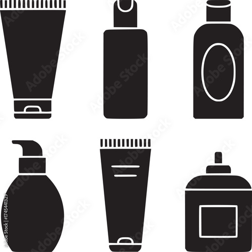 Silhouette illustration of assorted cosmetic and hygiene product containers on a white background
