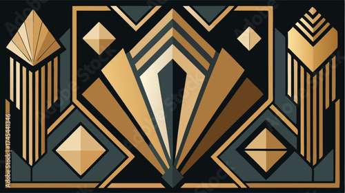 A contemporary art deco mood board with sharp angles luxurious metallic finishes bold patterns and deep colors emphasizing glamour and sophistication.