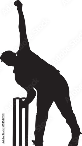 Silhouette of a cricket player swinging a bat and ball.
A black silhouette of a cricket batsman in mid-swing, captured against a white background. The player is wearing protective gear.
