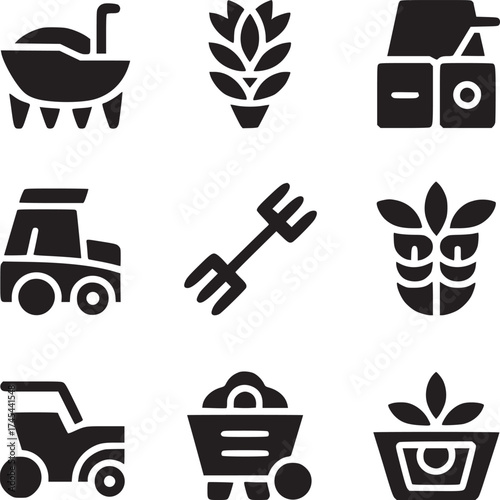 A collection of nine agricultural icons in a grid pattern against a plain white background design