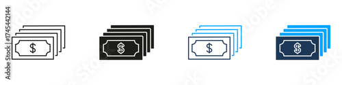 Stack Of Dollar Bills Line And Solid Icon Set. Financial Transactions, Wealth, And Currency Management Symbol Collection. Money And Economy. Isolated Vector Illustration