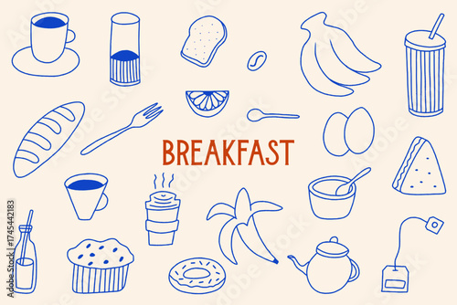 Breakfast Doodle Set, Hand Drawn minimalistic line art, Coffee  and food icons, vector illustration isolated, best for invitations, menus and social media marketing