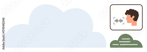 Cloud graphic connects with voice recognition interface and text storage concept. Ideal for technology, artificial intelligence, data storage, sustainability, digital transformation, accessibility