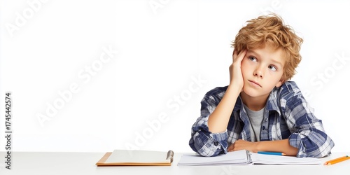 Primary school student sitting at desk doing homework seriously,copy space,clipart,banner.