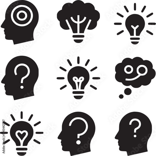 Black and white image showing a collection of head and lightbulb icons representing ideas and questions