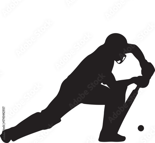 Silhouette of a cricket player swinging a bat and ball.
A black silhouette of a cricket batsman in mid-swing, captured against a white background. The player is wearing protective gear.
