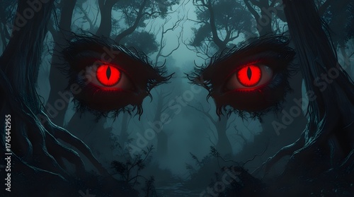 Terrifying red eyes glaring from a dark misty forest