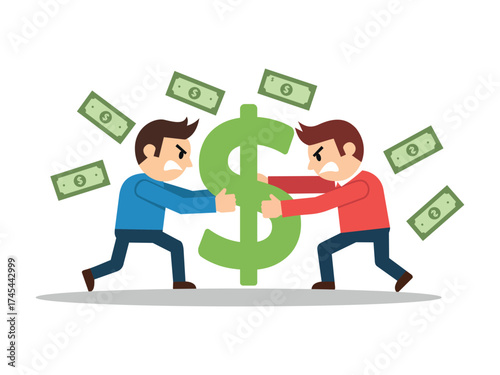This illustration of two men arguing or fighting over a large dollar sign depicts competition or conflict over money. The flat design style, with bright colors, features flying banknotes surrounding t